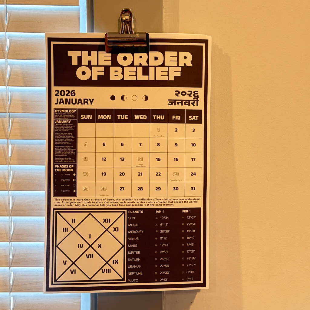 The Order of Belief - January wall sheet - etymology, moon phases and a natal-chart grid